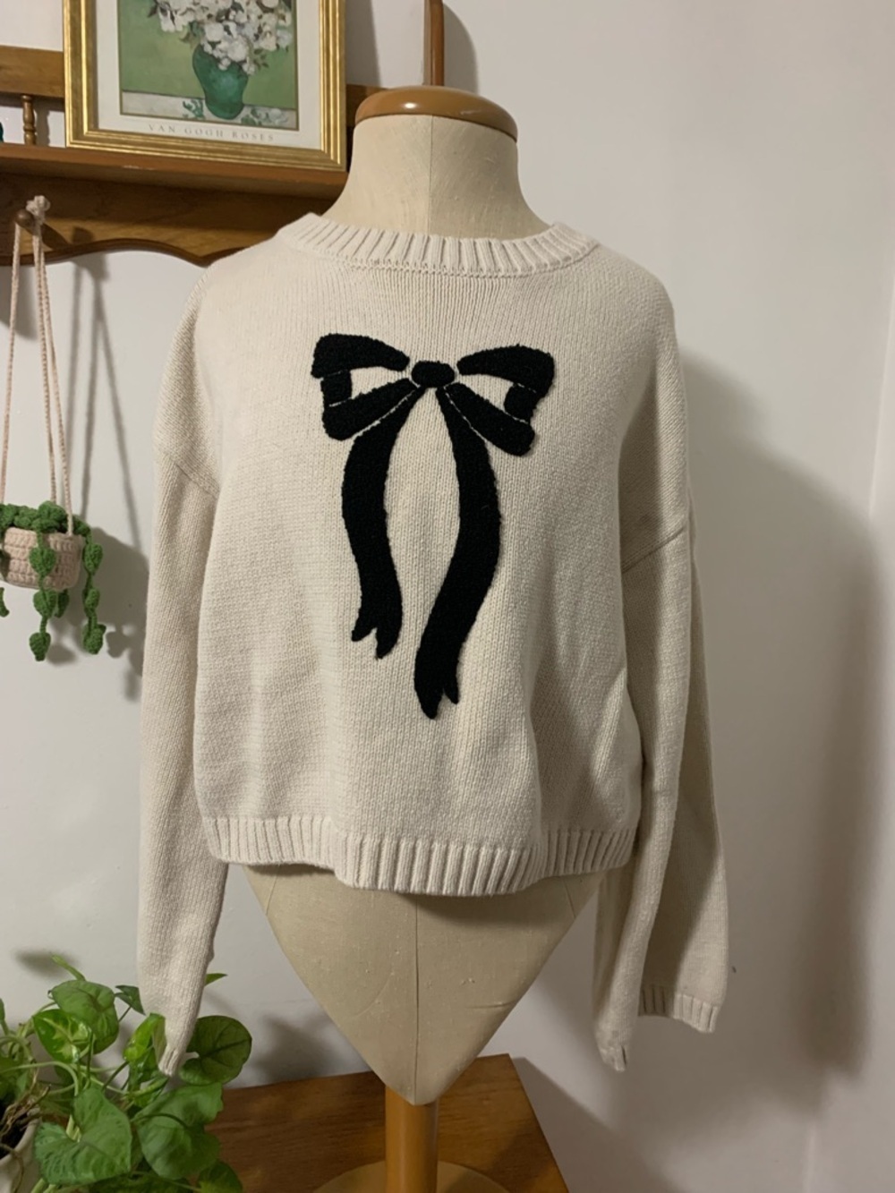 Sincerely Jules Cream Sweater with Black Bow Size M Discounted Read Below